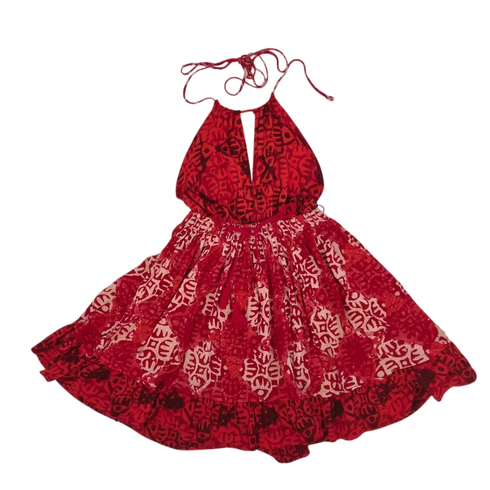 Free People Red Beach Day Boho Halter Flowy Summer Mini Dress‎